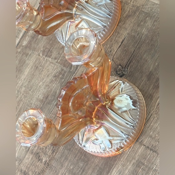 2 Vtg. 50’s Jeanette Marigold Carnival Glass Double Candlesticks Art Nouveau EUC - Picture 4 of 10